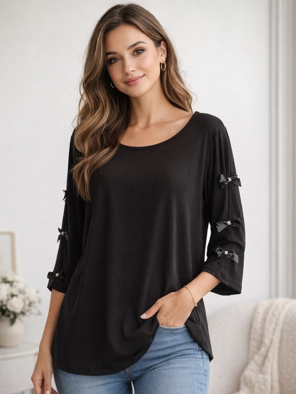 Sweet Hazel Black Bow Sleeve Top Size 1X Feminine Chic 3/4 Sleeve Blouse